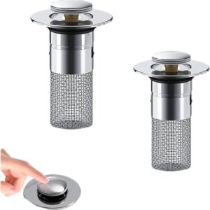 2 chrome stainless steel pop-up sink drain stoppers with integrated mesh hair catcher for bathroom sinks.