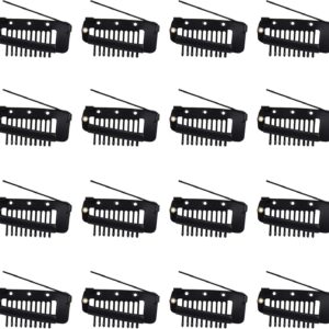 Black plastic wig clips with metal teeth, snap-on for hair extensions and toupees.