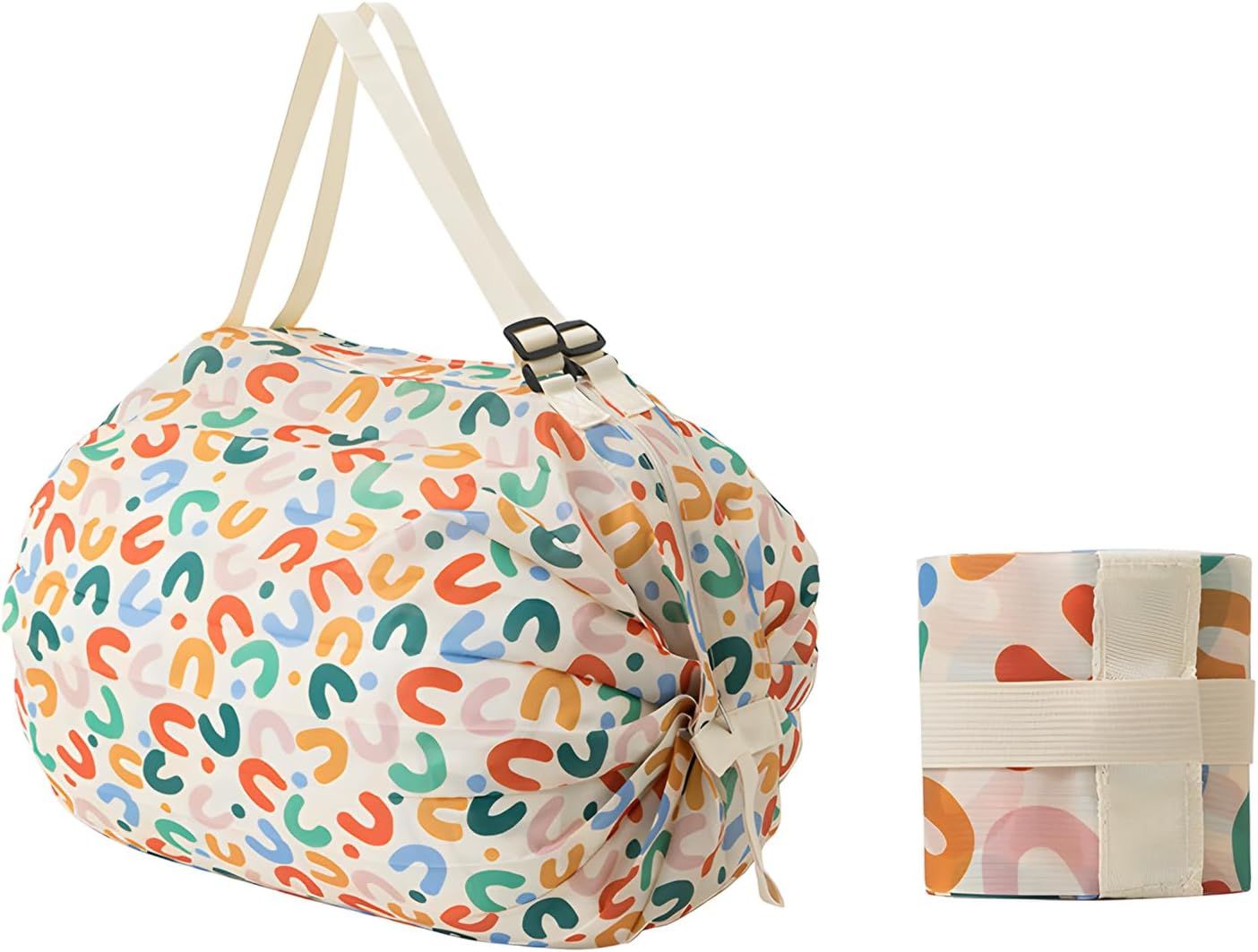 Foldable Shopping Bag | Large Nylon Grocery Duffel – Sumo Deals Colorful Abstract Pattern Reusable Shopping Bag, Polyester, White With Multi-Color Shapes, For Groceries.