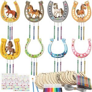DIY wooden horseshoe wind chime craft kit with horse cutouts, colorful gems, and paint for kids' art projects.