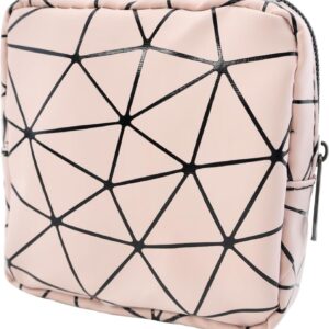 Pink geometric pattern faux leather cosmetic bag with black zipper for makeup storage.