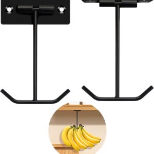 2 black metal under-cabinet banana hangers, T-shaped with U-hook, for kitchen fruit storage.