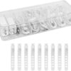 Clear plastic cable organizer box with 8 compartments, including 10 white silicone cable ties for desk organization.