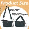 Black nylon drawstring crossbody shoulder bag with ruched strap, shown with size dimensions for everyday use.