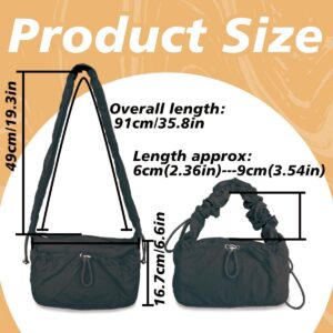 Black nylon drawstring crossbody shoulder bag with ruched strap, shown with size dimensions for everyday use.
