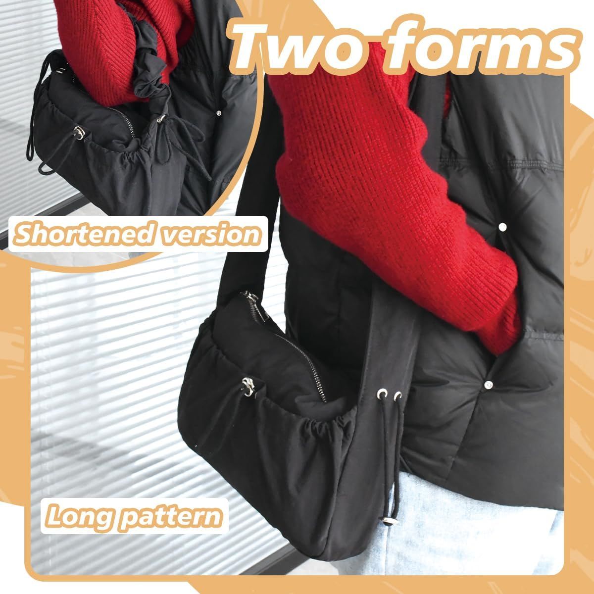 Nylon Crescent Bag | Ruched Shoulder Bag For Women – Sumo Deals Black Nylon Shoulder Bag, Shown In Two Forms: A Shortened Version And A Long Pattern, For Versatile Carrying.