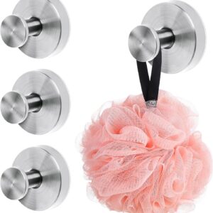 4-pack brushed stainless steel adhesive hooks, round, for hanging towels/loofahs in bathroom/kitchen.