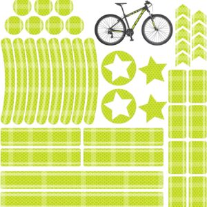 Lime green reflective bicycle stickers in various shapes (circles, stars, strips, arrows) for bike visibility.
