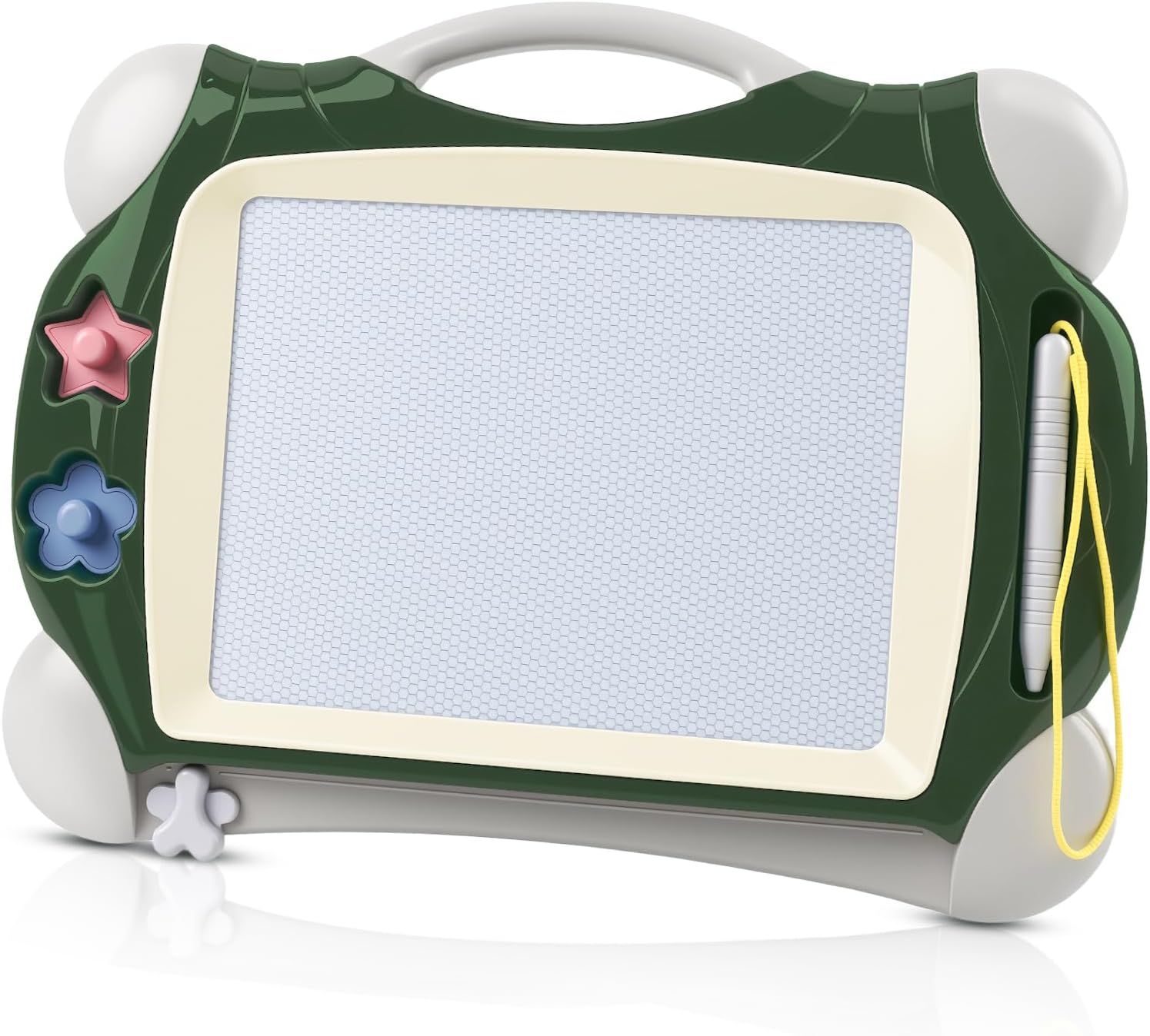Magnetic Drawing Board For Kids | Army Green – Sumo Deals Kids' Green Plastic Magnetic Drawing Board With White Screen, Attached Stylus, And Shape Stampers For Creative Play.
