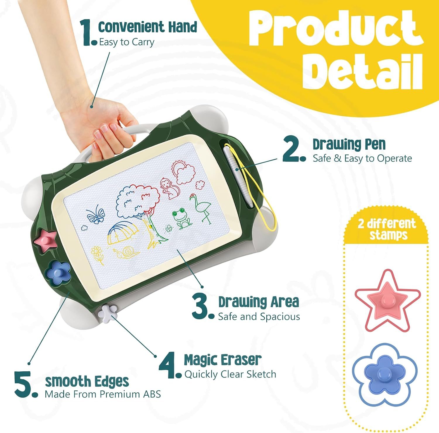 Magnetic Drawing Board For Kids | Army Green – Sumo Deals Green Abs Magnetic Drawing Board With Pen And Stamps For Kids' Creative Play.