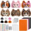 DIY needle felting cat head kit with colorful wool, felt, paints, and faux fur for crafting.
