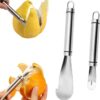 Stainless steel citrus peeler set with curved blade and serrated edge for easy fruit peeling.
