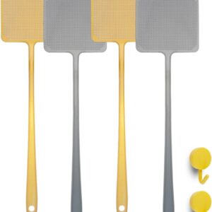 4-pack plastic fly swatters, 2 yellow, 2 gray, with perforated heads & hanging holes, for insect control.