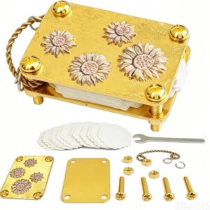 Gold metal guitar neck plate with embossed sunflowers, screws, nuts, wrench, and blank cards for guitar customization.