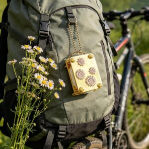 Gold Metal Mini Notebook With Embossed Flower Design, Attached To A Green Backpack For Travel/Outdoor Use.