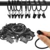 Black metal curtain rings with clips for hanging drapes on a rod.