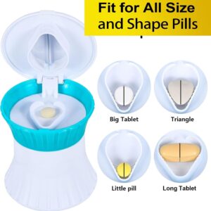 Pill Cutter &Amp; Splitter 3-In-1 With Crusher &Amp; Box – Sumo Deals White And Teal Plastic Pill Cutter/Splitter For Various Tablet Sizes, Shown Open With A Pill Inside.