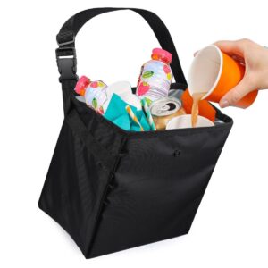 Black polyester car trash can/cooler bag with adjustable strap, filled with drinks, for vehicle waste/storage.