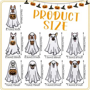 Halloween dog ghost embroidered iron-on patches, white fabric, various dog breeds, for clothing/crafts.