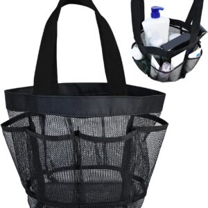 Black mesh shower caddy with multiple pockets and handles for organizing toiletries.