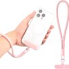 Pink braided nylon phone lanyard with metal clip and silicone patch, for hands-free carrying.