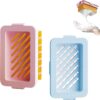 Pink and blue plastic soap dish with drainage slats, for bathroom or kitchen soap storage.