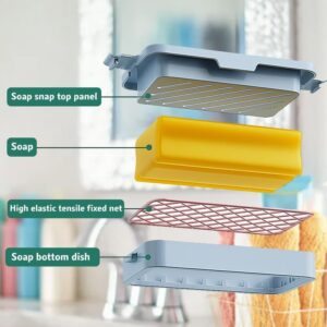 2 Pack Bar Soap Dish With Drain | Pink &Amp; Blue Holders – Sumo Deals Exploded View Of A Blue Plastic Soap Dish With A Red Elastic Net, Holding A Yellow Bar Of Soap.