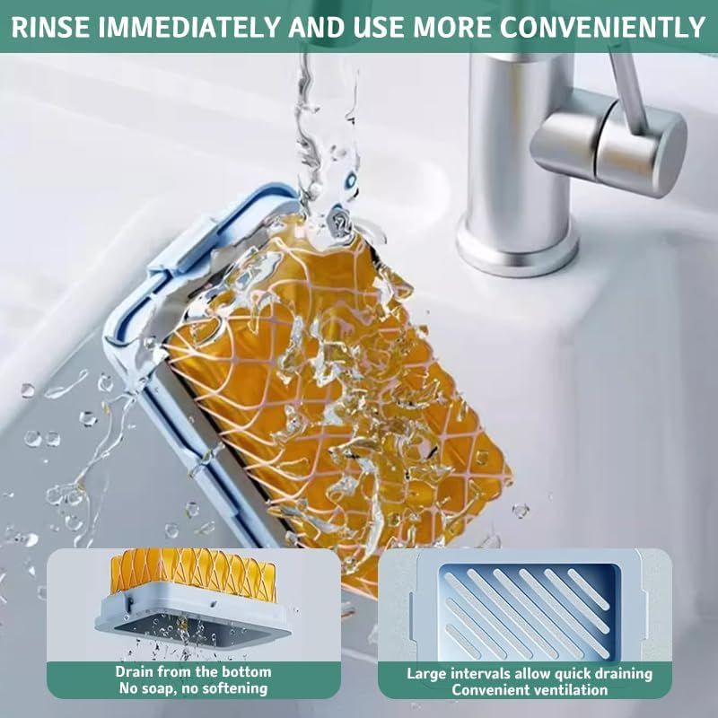 2 Pack Bar Soap Dish With Drain | Pink &Amp; Blue Holders – Sumo Deals Orange Silicone Dish Scrubber With Light Blue Plastic Holder, Being Rinsed Under A Faucet For Quick Drying.