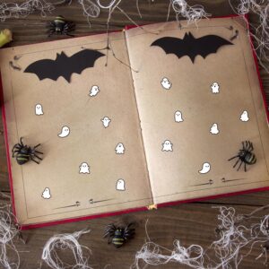 2400 Halloween Ghost Stickers | Black &Amp; White Mini Decals – Sumo Deals Red-Bound Halloween Scrapbook With Bat Cutouts, Ghost Stickers, And Plastic Spiders On A Wooden Table.