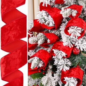 Red Velvet Wired Ribbon, Festive Christmas Tree Decoration, For Holiday Crafts And Decor.
