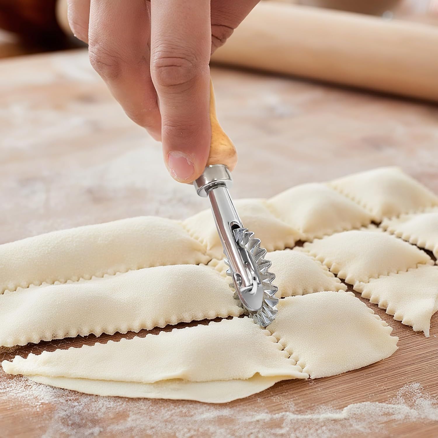 Fluted Pastry Wheel Cutter | Wooden Handle – Sumo Deals Handheld Ravioli Cutter With Wooden Handle And Silver Metal Fluted Wheel, Used To Cut Fresh Pasta.