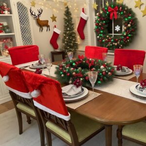 4Pcs Christmas Chair Covers With Hat | Festive &Amp; Stretch – Sumo Deals Red Velvet Santa Hat Chair Covers With White Trim And Pom-Poms, For Festive Christmas Dining Decor.