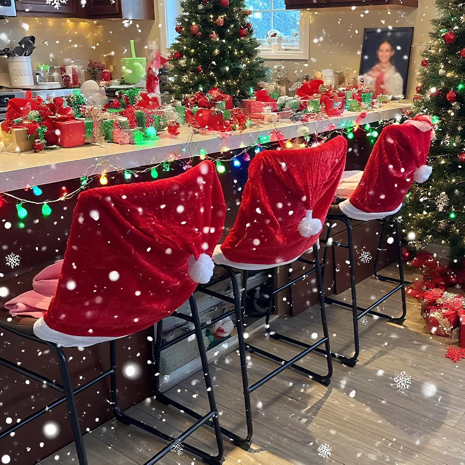 4Pcs Christmas Chair Covers With Hat | Festive &Amp; Stretch – Sumo Deals Red Velvet Santa Hat Chair Covers With White Trim And Pompom, For Festive Christmas Bar Stool Decoration.