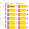 Harper pencil-shaped name labels, yellow with pink eraser, for school supplies and organization.