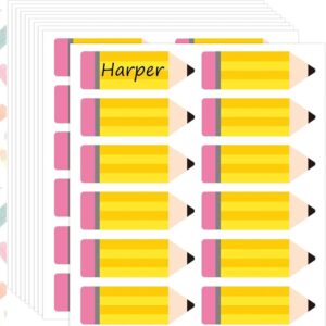 Harper pencil-shaped name labels, yellow with pink eraser, for school supplies and organization.