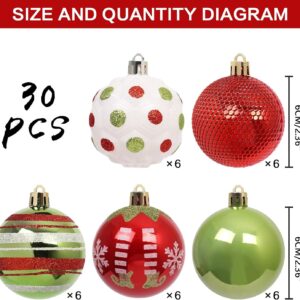 30-piece plastic Christmas ornaments, 6cm, red/green/white, glitter/textured/striped, for holiday tree decor.