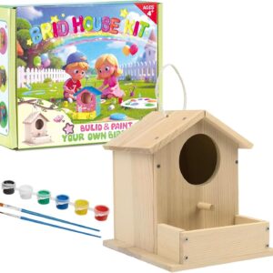 DIY wooden birdhouse kit with natural pine wood, circular opening, perch, 6 paints, 2 brushes for kids' craft.