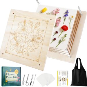 Wooden flower press kit with hibiscus design, pressing colorful flowers, for DIY crafts and scrapbooking.