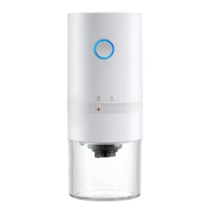 White electric coffee grinder with blue power button, clear bottom, for fresh coffee beans.