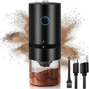 Black electric coffee grinder, cylindrical, with clear base, USB-C charging, for fresh coffee beans.