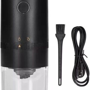 Black Plastic And Clear Acrylic Portable Electric Coffee Grinder With Brush And Usb Cable For Fresh Coffee Beans.