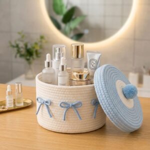 Cotton Rope Storage Basket With Lid – Pink Tulip – Sumo Deals Handmade Woven Cotton Rope Storage Basket With Blue Bows And Lid, For Organizing Cosmetics.