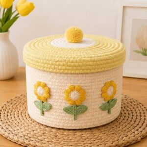Handmade cotton rope storage basket, cream with yellow lid, sunflower appliques, for organizing home/nursery.