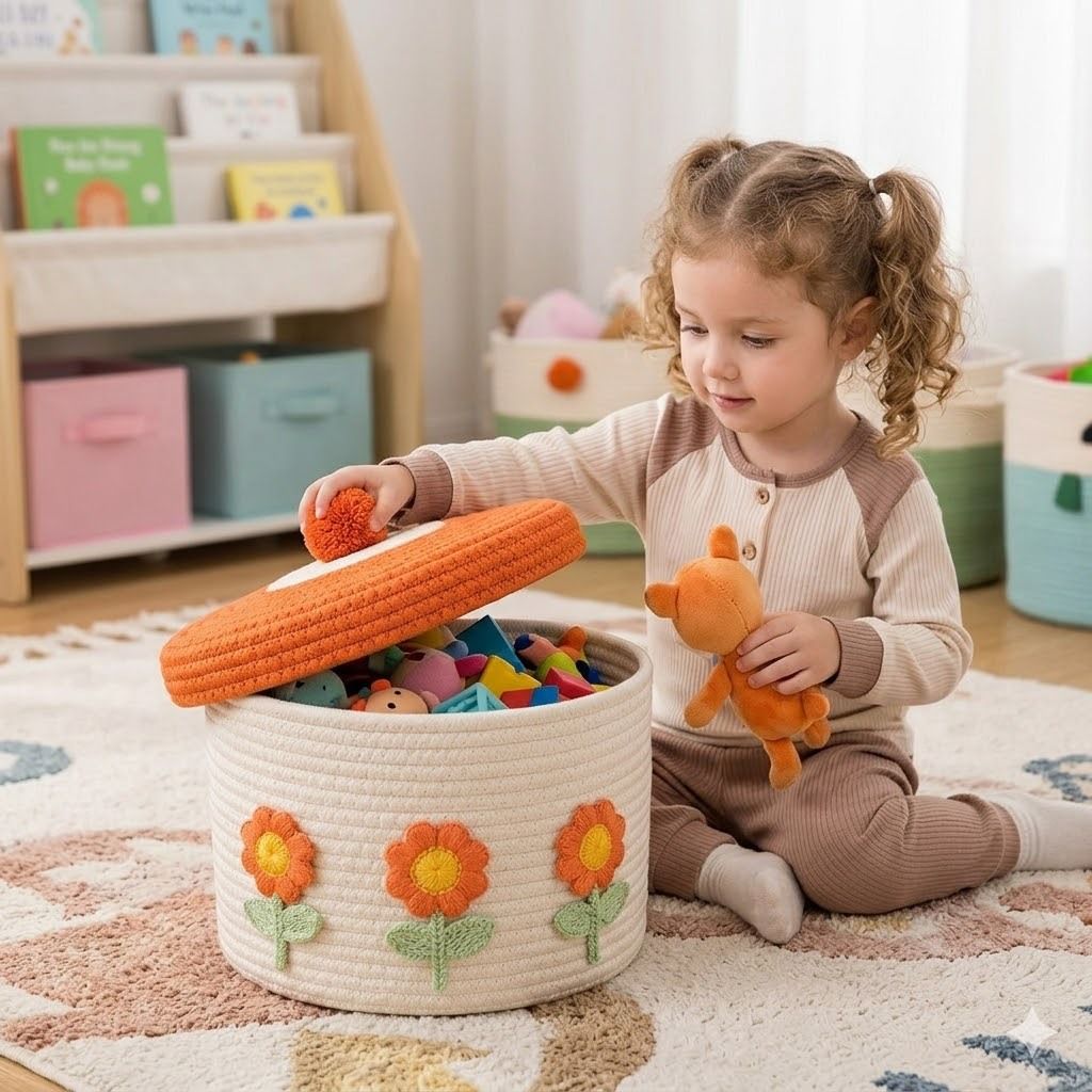 Cotton Rope Storage Basket With Lid | Cream &Amp; Coffee – Sumo Deals Handmade Cotton Rope Toy Storage Basket, Cream With Orange Flower Appliques, For Kids' Playroom Organization.
