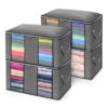Set of 4 gray quilted fabric storage bags with clear windows & handles for clothes, blankets, and linen organization.