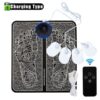 Black EMS foot massager mat with white foot patterns, blue digital display, 4 white electrode pads, remote, and USB for