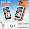 Youth Blue airplane-friendly selfie screen, white plastic, attaches to phone for wide-angle photos.