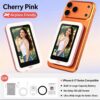 Cherry pink selfie camera with HD LED screen, built-in battery, for iPhone 6-17 series, airplane friendly.