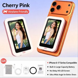 Cherry pink selfie camera with HD LED screen, built-in battery, for iPhone 6-17 series, airplane friendly.