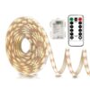 Warm white LED strip lights, flexible plastic, battery box, remote control for indoor/outdoor decorative lighting.